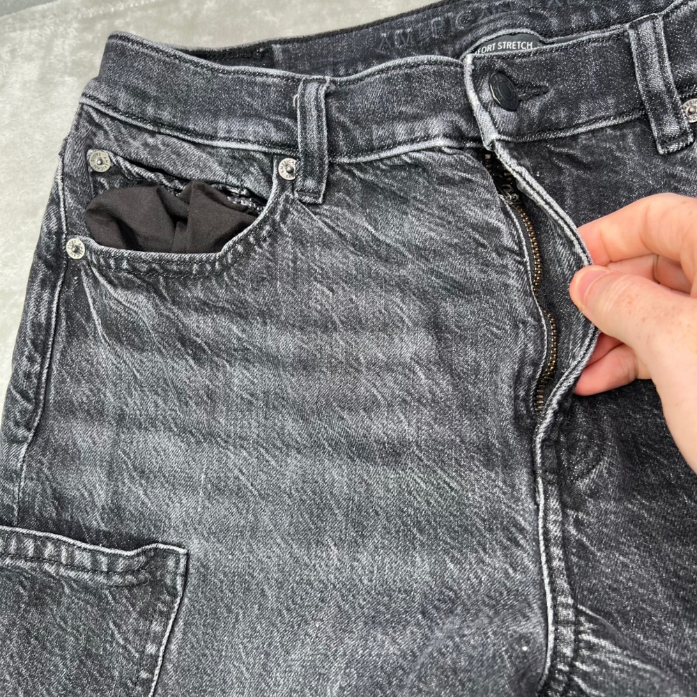 American Eagle Super High Rise Baggy Straight Cargo Jeans Women 8 X-Long Stretch - Picture 8 of 16